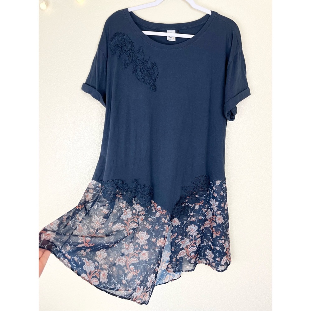 Anthropologie Navy Blue Floral Hem Tunic